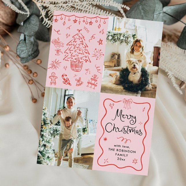 Whimsical Retro Merry Christmas Wavy Frame 2 Photo Holiday Card (Creator Uploaded)