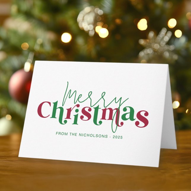 Whimsical Retro Merry Christmas with Family Name Card (Personalize with your name and family annual message!)
