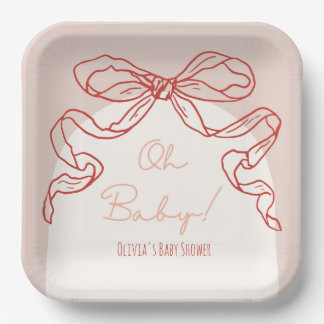Whimsical Retro Orange Hand Drawn Bow Baby Shower Paper Plate