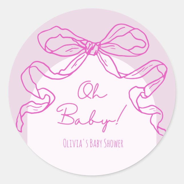Whimsical Retro Pink Hand Drawn Bow Baby Shower Classic Round Sticker (Front)