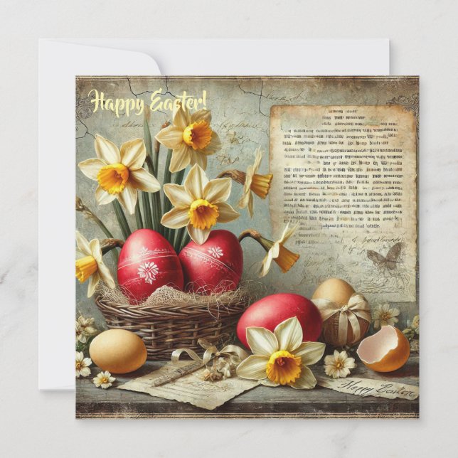Whimsical retro red Easter eggs daffodils Holiday Card (Front)