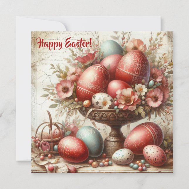 Whimsical retro red Easter eggs spring flowers Holiday Card (Front)