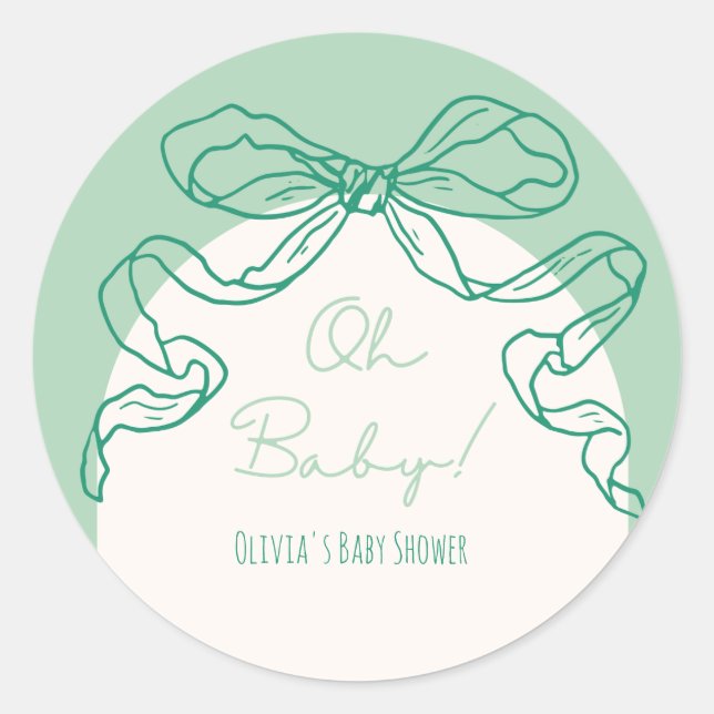 Whimsical Retro Sage Hand Drawn Bow Baby Shower Classic Round Sticker (Front)