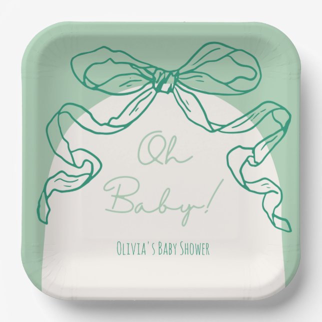 Whimsical Retro Sage Hand Drawn Bow Baby Shower Paper Plate (Front)
