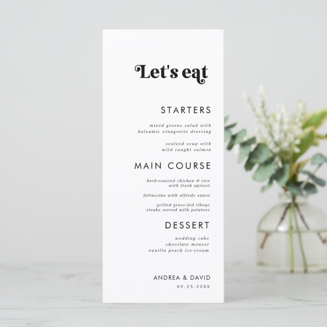 Whimsical Retro Script Let's Eat Minimal Wedding Menu (Standing Front)