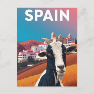 Whimsical Retro Spain Mountain Village Goat Travel Postcard