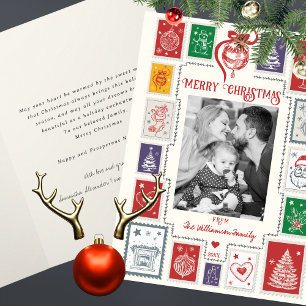 Whimsical Retro Stamp Christmas Illustration Photo Card
