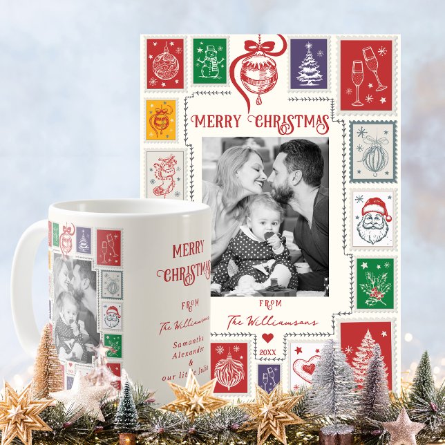 Whimsical Retro Stamp Christmas Illustration Photo Holiday Card (Whimsical Retro Stamp Christmas Illustration Photo Holiday Card & Coffee Mug Great 1st Chrismas Gift)