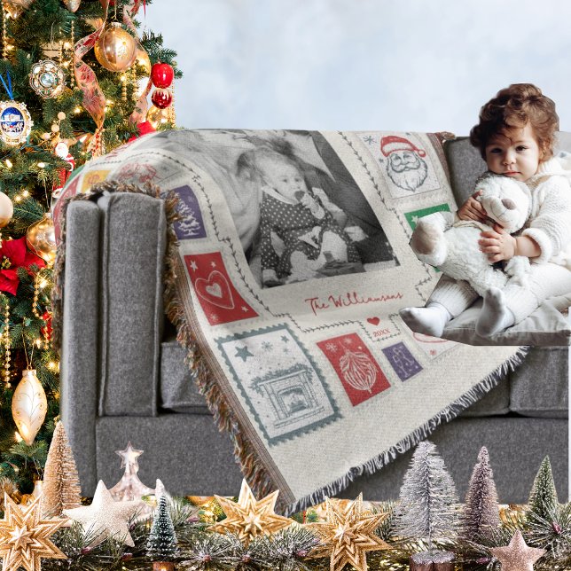 Whimsical Retro Stamp Christmas Illustration Photo Throw Blanket (Whimsical Retro Stamp Christmas Illustration Photo Throw Blanket Festive Personalized Holiday Decor)