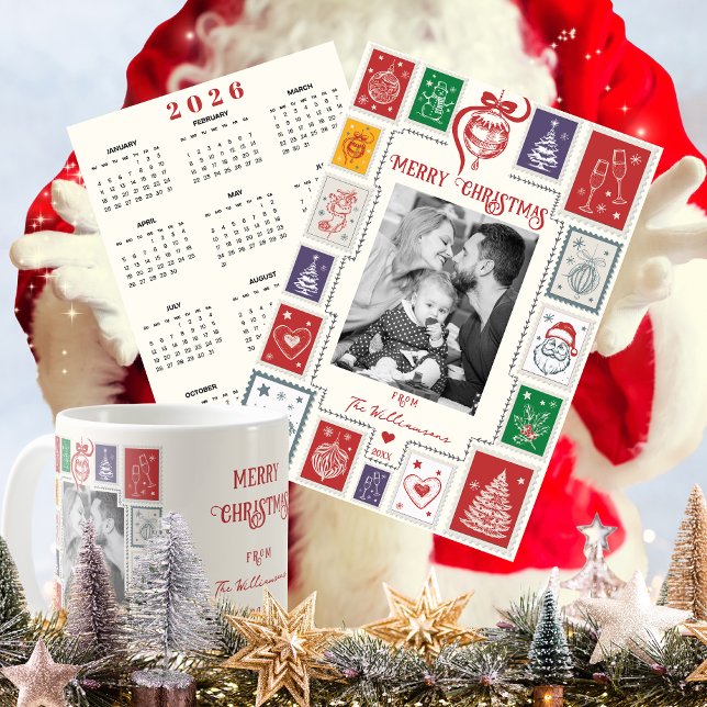 Whimsical Retro Stamp Holiday Photo 2026 Calendar (Whimsical Modern Nostalgia Christmas Photo Card with 2026 Calendar Coffee Mug Stocking Stuffer Gifts)