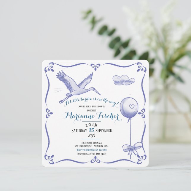 Whimsical retro Stork Baby Shower Invitation (Standing Front)