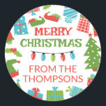 Whimsical Retro Tree & Gifts Merry Christmas From Classic Round Sticker<br><div class="desc">Whimsical Christmas gift stickers letting your friends and relatives know the Christmas gift is from you and your family. With a whimsical retro design inspired by quirky 50s cartoons, the Merry Christmas sticker features Christmas trees, wrapped Christmas gifts, holly, an elf hat, elf shoes and colourful Christmas lights. Personalise with...</div>