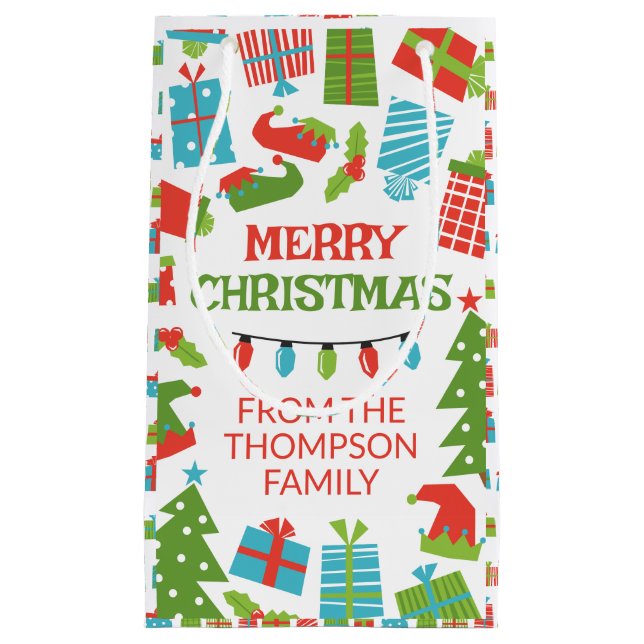 Whimsical Retro Tree & Gifts Merry Christmas From Small Gift Bag (Front)