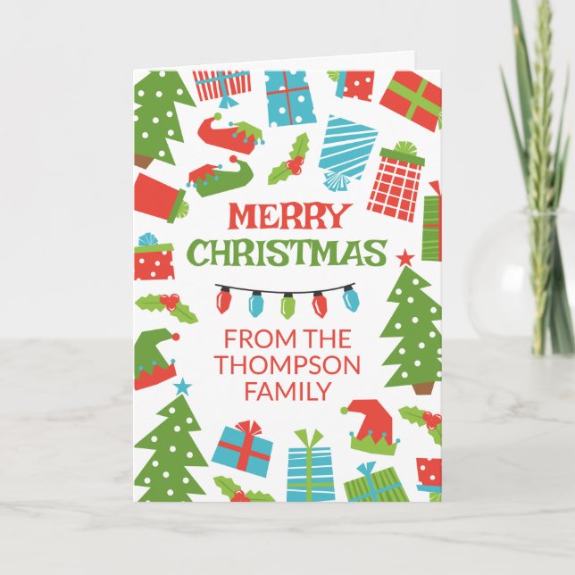 Whimsical Retro Tree Gifts Photo Merry Christmas Card (Front)