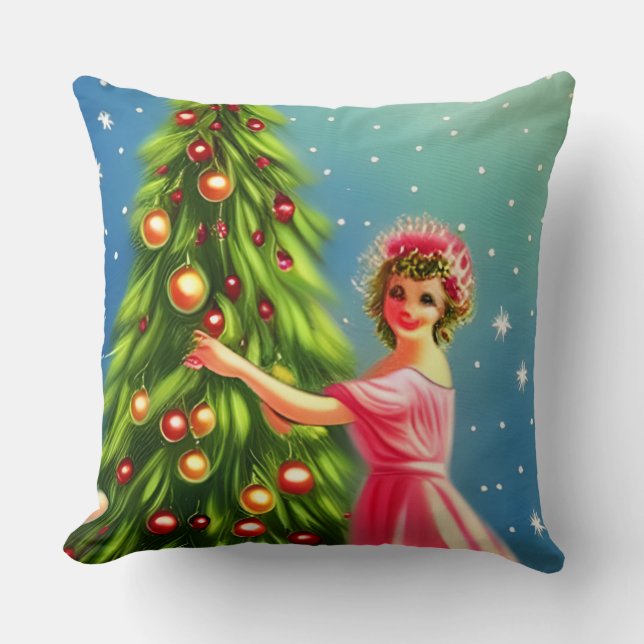 Whimsical Retro Vintage Christmas Lady and Tree Cushion (Front)