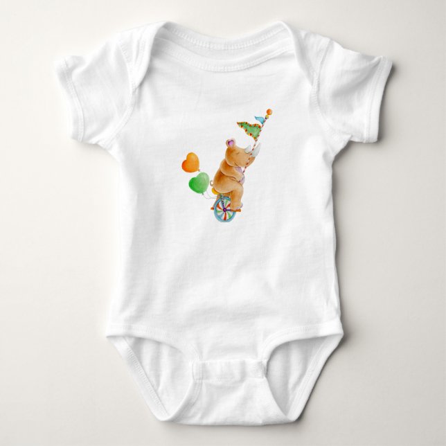 Whimsical rhinoceros animal circus watercolor baby bodysuit (Front)