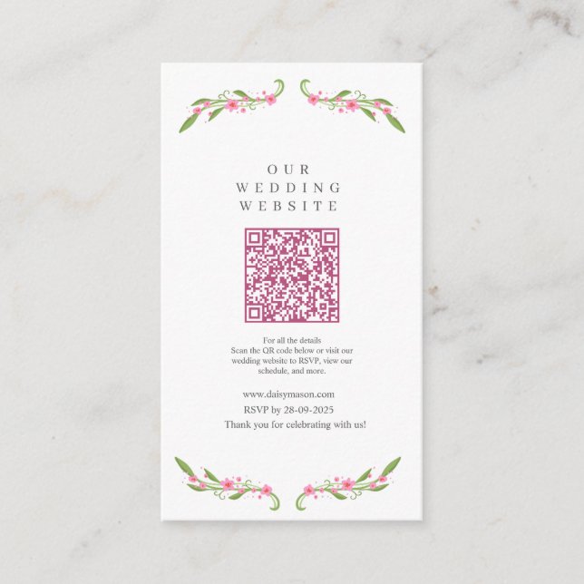 Whimsical Ribbon Floral Wedding QR code Enclosure Card (Front)