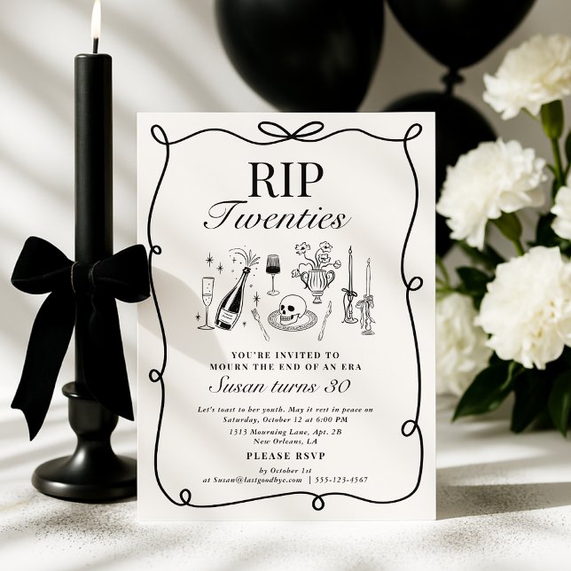 Whimsical RIP 20's, Hand-Drawn Funeral Birthday Invitation (Creator Uploaded)