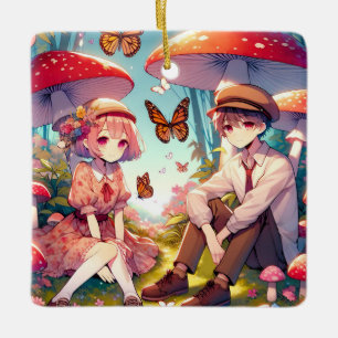 Whimsical Romantic Anime Couple Ceramic Ornament