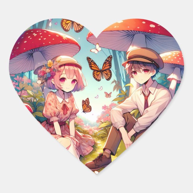 Whimsical Romantic Anime Couple  Heart Sticker (Front)