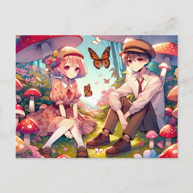 Whimsical Romantic Anime Couple  Postcard (Front)