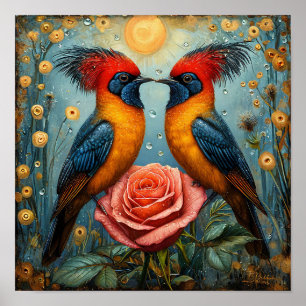 Whimsical Romantic Birds Above Pink Rose 🐦🌹✨💛 Poster