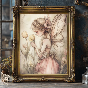Whimsical Romantic Fairy in Field of Flowers Art Poster