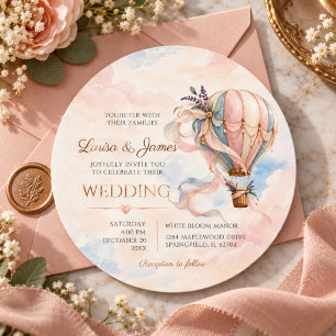 Whimsical Romantic Hot Air Balloon Round Wedding Invitation