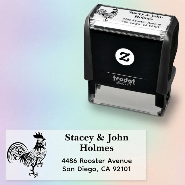 Whimsical Rooster Self Inking Return Address Stamp (Self inking return address stamp featuring an artistic swirly rooster illustration.)