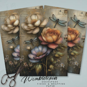 Whimsical Rose & Dragonfly Ephemera Decoupage  Tissue Paper