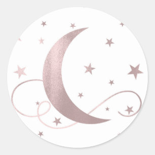 Whimsical Rose Gold Pink Moon Stars Baby Shower Classic Round Sticker