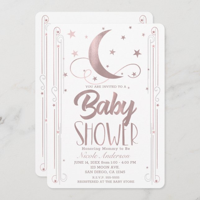 Whimsical Rose Gold Pink Moon Stars Baby Shower Invitation (Front/Back)