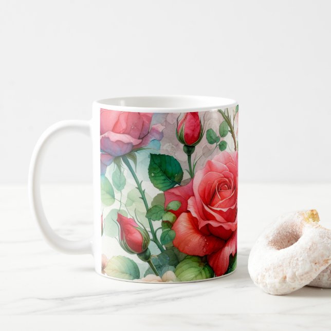 Whimsical Rose Pattern Coffee Mug (With Donut)