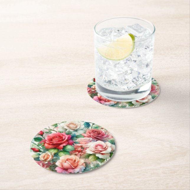 Whimsical Rose Pattern Round Paper Coaster (Insitu)