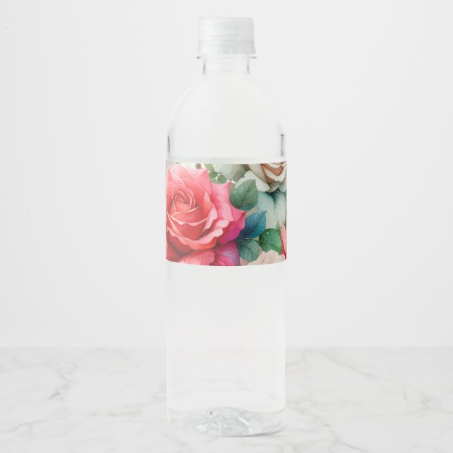 Whimsical Rose Pattern Water Bottle Label (Front)