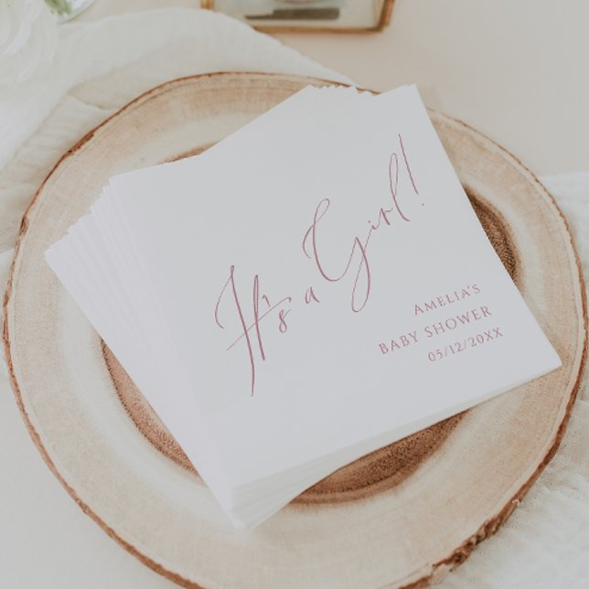 Whimsical Rose Script It's A Girl Baby Shower Napkin (Creator Uploaded)