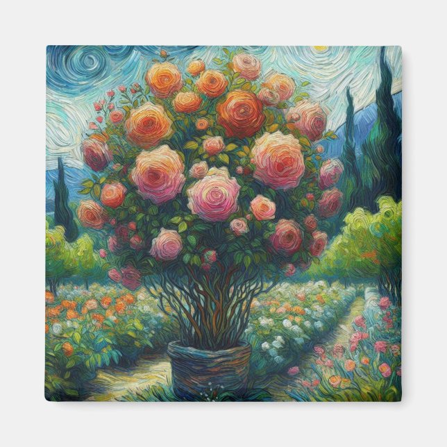 Whimsical Rose Topiary Impressionistic Painting Magnet (Front)