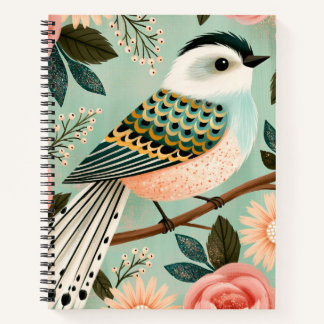 Whimsical Roses Flowers Vintage Folk Bird Notebook