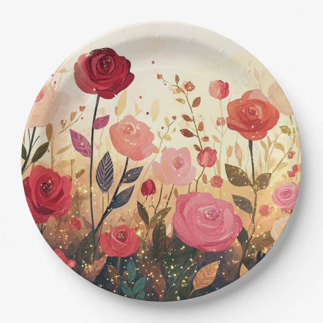 Whimsical roses garden  paper plate (Front)