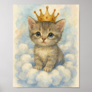 Whimsical Royal Kitten Wearing Crown on Cloud  Poster