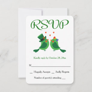 Whimsical RSVP Lovebirds Green & White Wedding Card