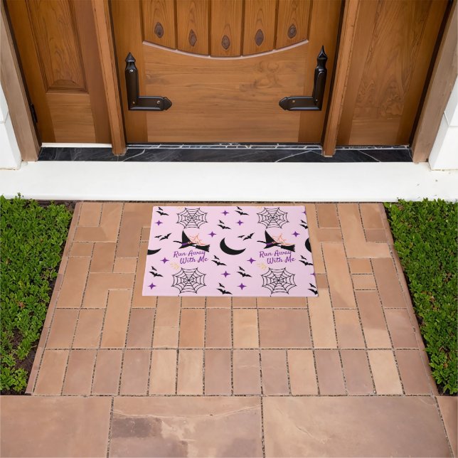 Whimsical "Run Away With Me" Halloween Witch & Bat Doormat (Outdoor)