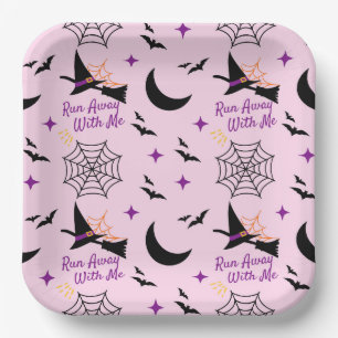 Whimsical "Run Away With Me" Halloween Witch & Bat Paper Plate