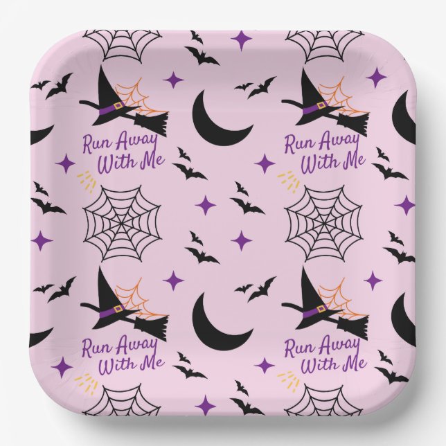 Whimsical "Run Away With Me" Halloween Witch & Bat Paper Plate (Front)