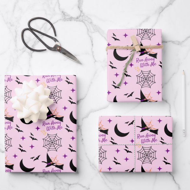 Whimsical "Run Away With Me" Halloween Witch & Bat Wrapping Paper Sheet (Front)