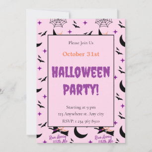 Whimsical Run Away With Me Witch & Bat Halloween  Invitation