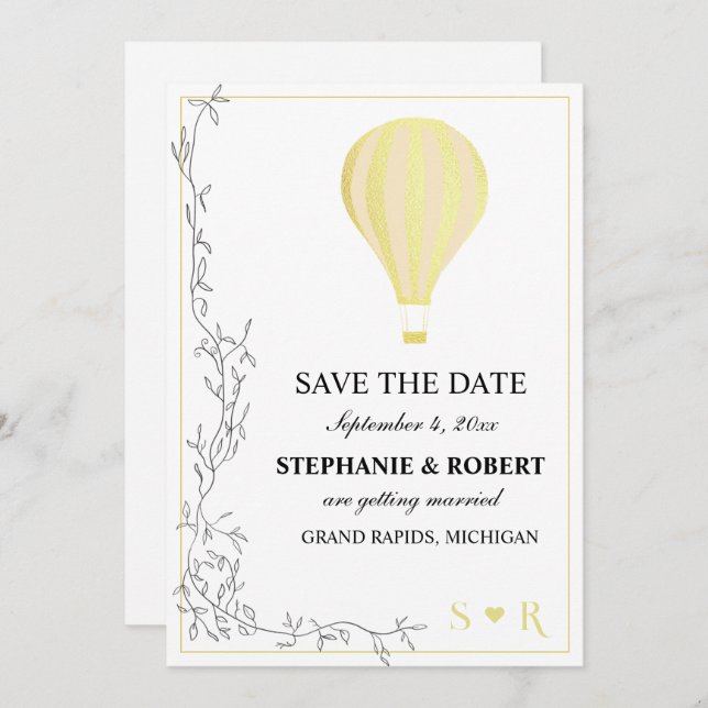 Whimsical Rustic Golden Hot Air Balloon Save The Date (Front/Back)