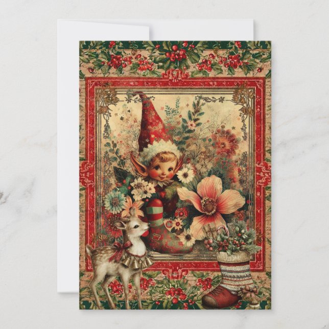 Whimsical Rustic Vintage Elf Christmas Card (Front)