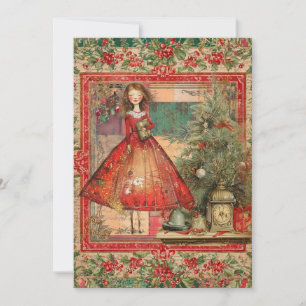 Whimsical Rustic Vintage Girl Christmas Card