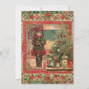 Whimsical Rustic Vintage Girl Christmas Card